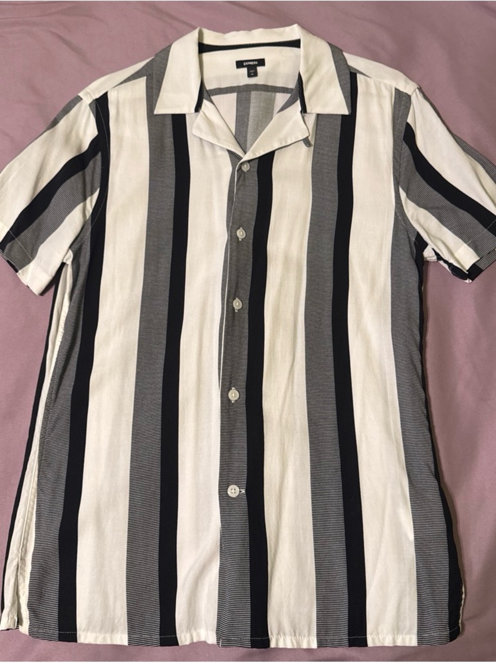 Express Men’s Black, White & Gray Vertical Stripe Short Sleeve Shirt